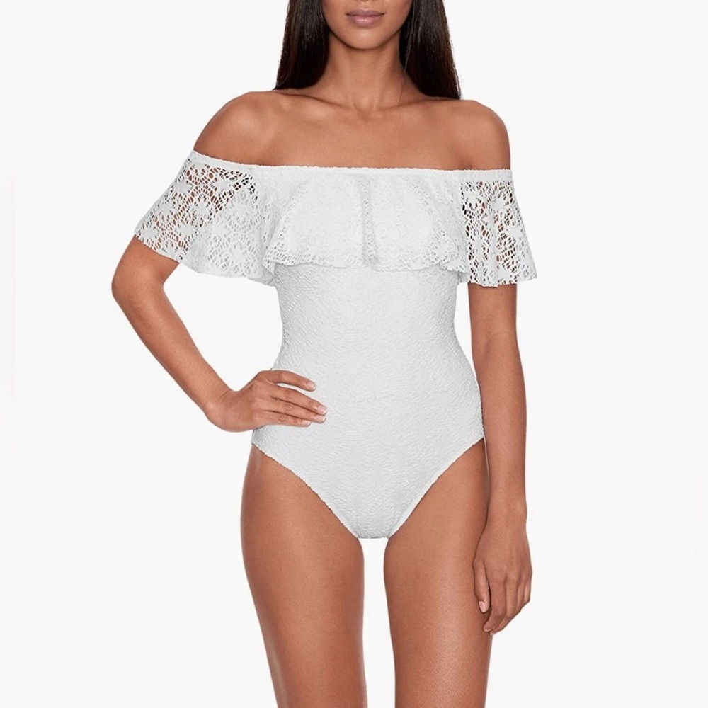 Lauren Ralph Lauren White Crochet Ruffle Off-The-Shoulder One Piece Swimsuit